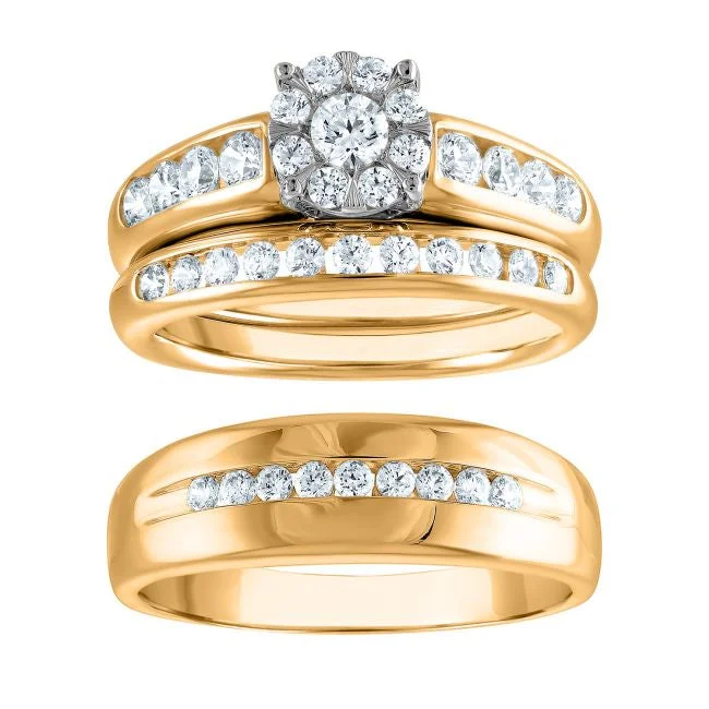 1-1/4 CTW Diamond Halo Wedding Trio Set in 10KT White and Yellow Gold