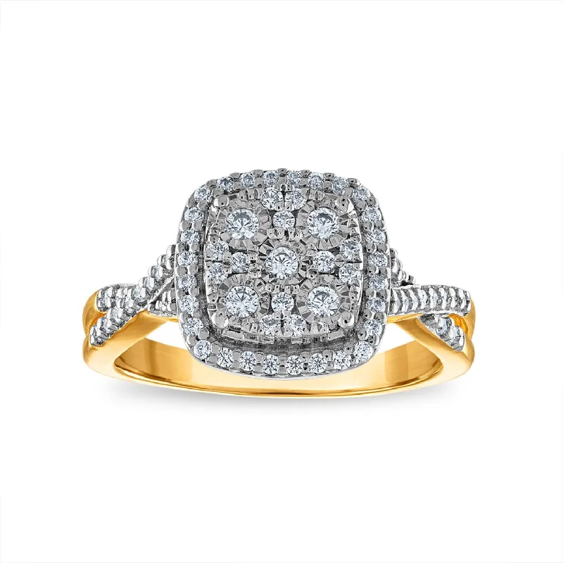 Affordable Glamour – Premium Jewelry For Less 1/2 CTW Diamond Engagement Cluster Halo Cushion Shape Ring in 10KT Yellow Gold