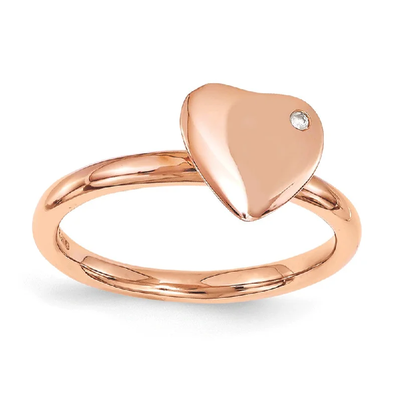 14k Rose Gold Plated Sterling Silver 8mm Heart 1pt Diamond Stack Ring