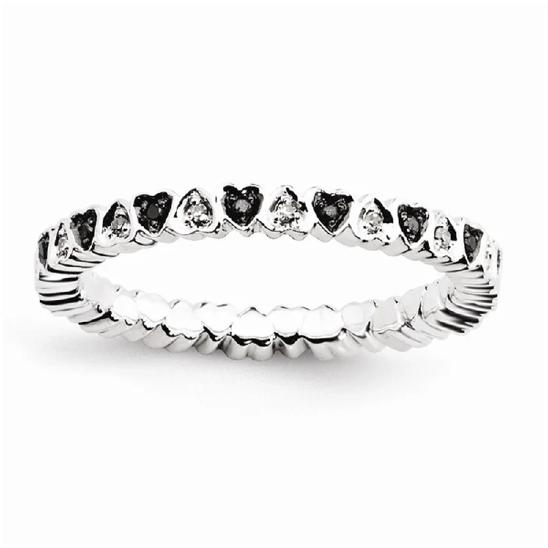 2.5mm Sterling Silver .12 Ctw Black & White Diamond Heart Stack Band