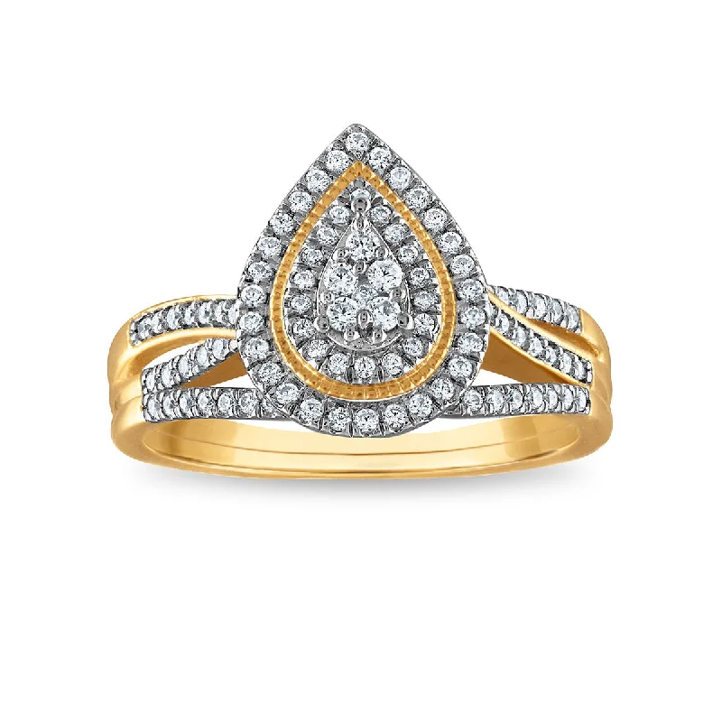 3/8 CTW Diamond Halo Cluster Pear Shaped Bridal Set in 10KT Yellow Gold