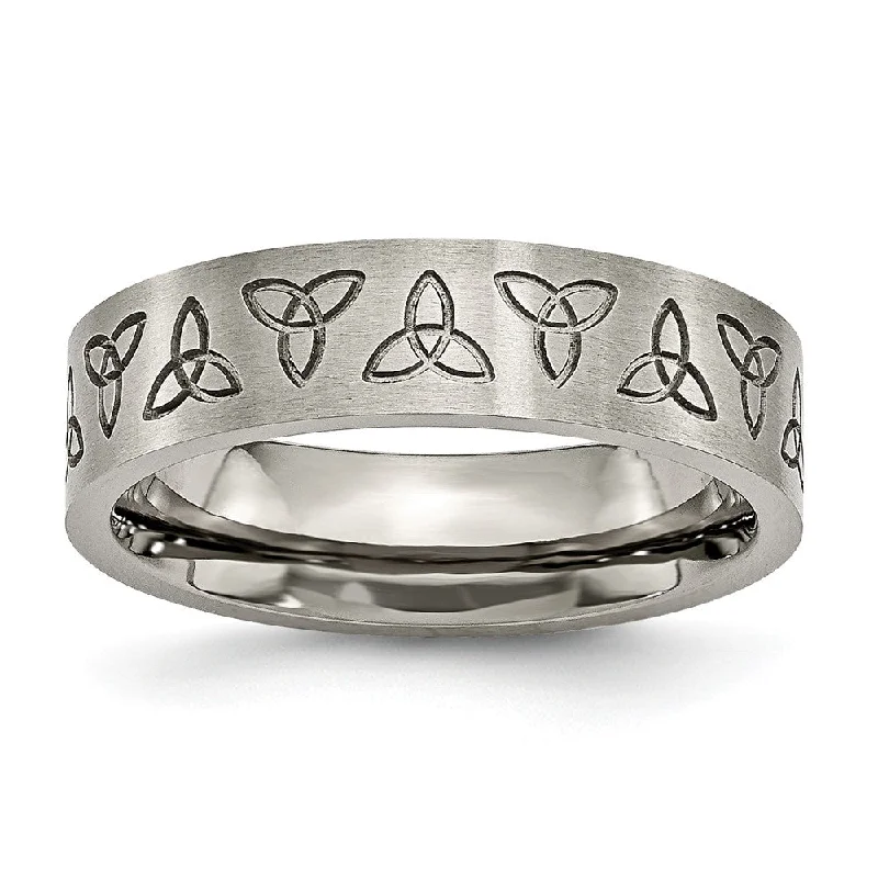 Your Dream Jewelry At Dream Prices 6mm Engraved Trinity Symbol Flat Band in Brushed Titanium Your Dream Jewelry At Dream Prices 6mm Engraved Trinity Symbol Flat Band in Brushed Titanium