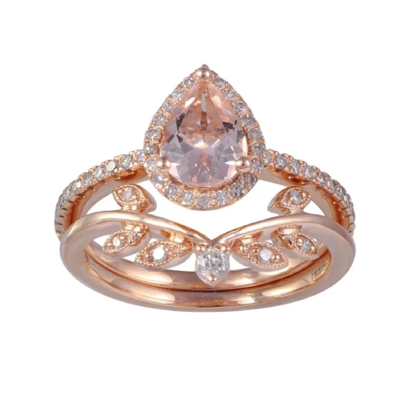 Delicate Crystal Jewelry For Sophisticated Charm 8X6MM Pear Morganite and Diamond Bridal Set Ring in 10KT Rose Gold Delicate Crystal Jewelry For Sophisticated Charm 8X6MM Pear Morganite and Diamond Bridal Set Ring in 10KT Rose Gold