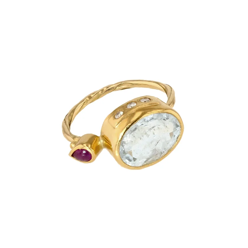 Dazzling Deals On Necklaces, Bracelets, And More Cocktail 18K & 22K Gold Ring w. Aquamarine, Ruby & Diamonds