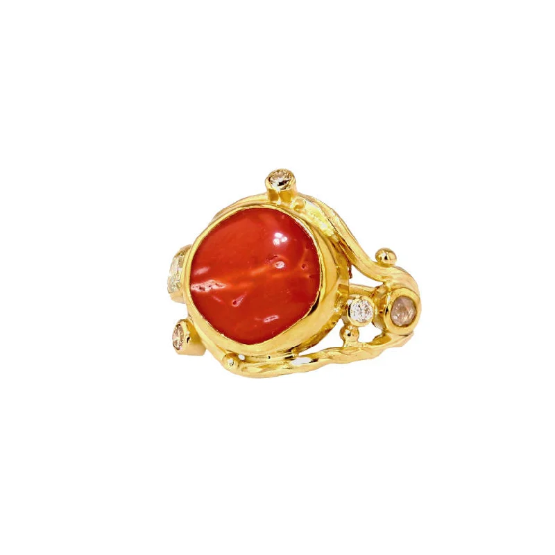 Double Seafire 18K & 22K Gold Ring w. Diamonds & Coral