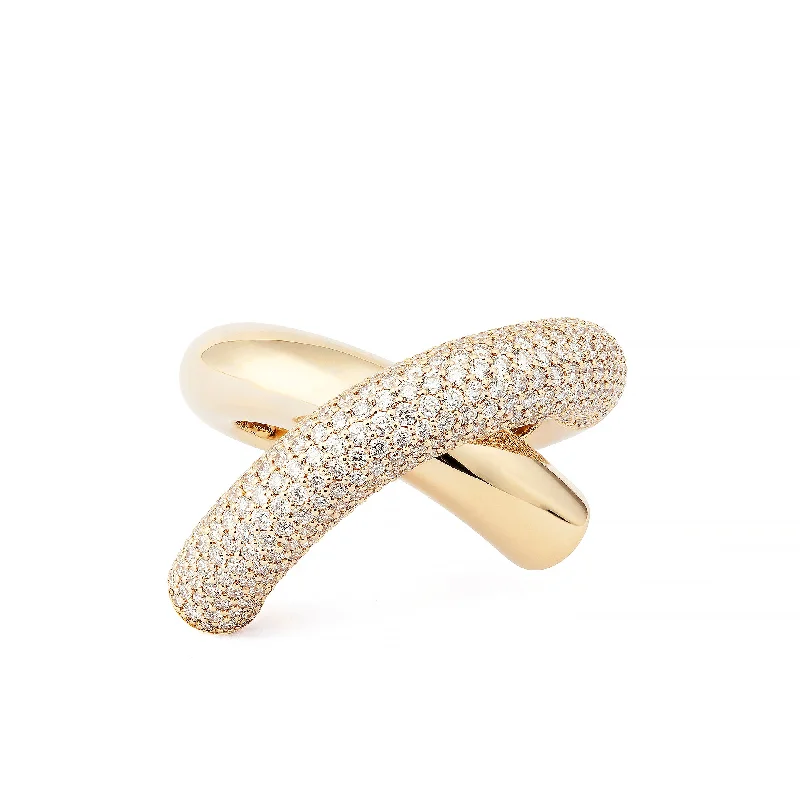 Personalized Jewelry At Special Discount Rates Cross Loop Big Half Pavé 18K Gold Ring w. Diamonds