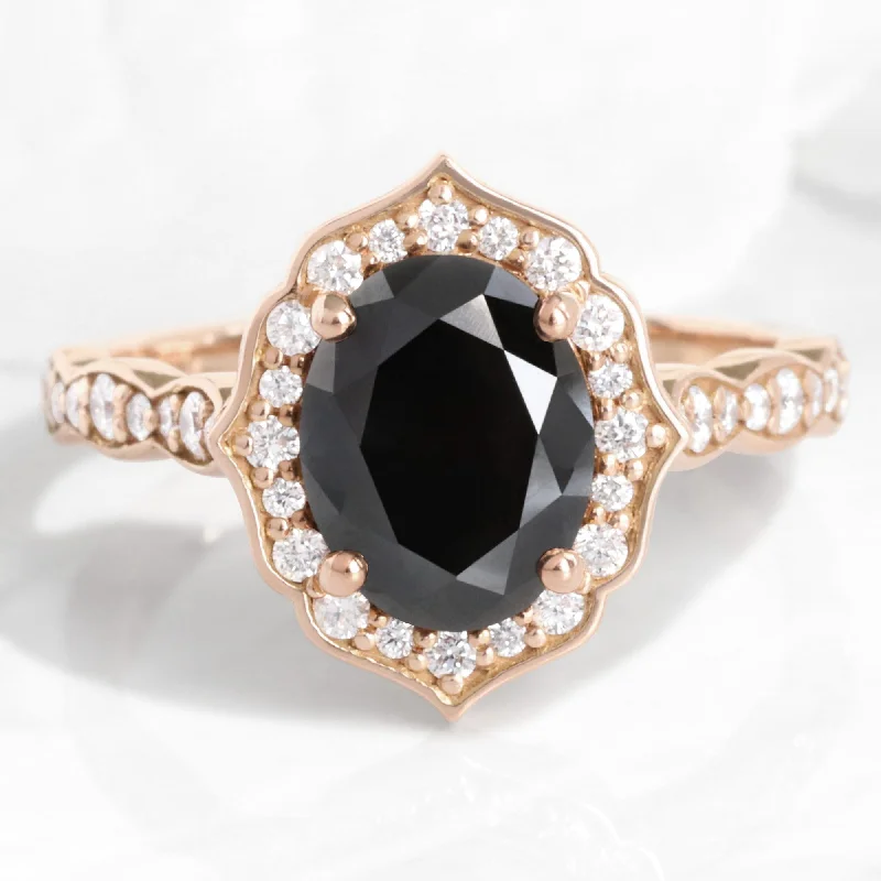 Versatile Layering Jewelry For Effortless Chic Large Oval Black Diamond Ring in Vintage Floral Scalloped Band Versatile Layering Jewelry For Effortless Chic Large Oval Black Diamond Ring in Vintage Floral Scalloped Band