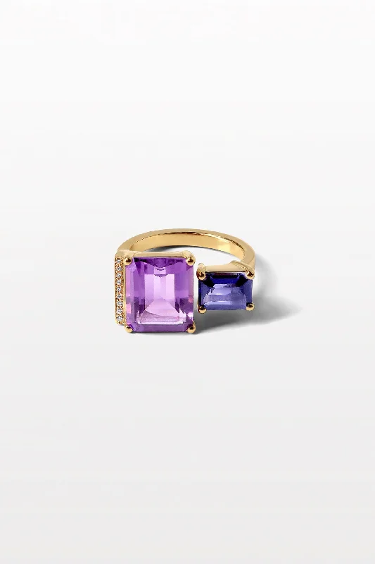 Don't Miss Out – Shop Elegant Jewelry For Less Lustre 10 18K Gold Ring w. Diamonds, Iolith & Amethyst