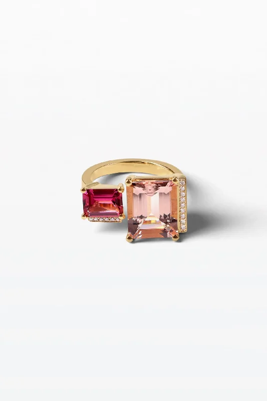 Timeless Elegance, Temporary Discounts – Act Fast Lustre Ring 14 18K Gold Ring w. Morganite, Tourmalin & Diamond