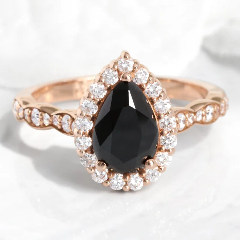 Limited-Stock Jewelry Sale – Shop Before It's Gone Pear Black Diamond Engagement Ring in Luna Halo Scalloped Diamond Band