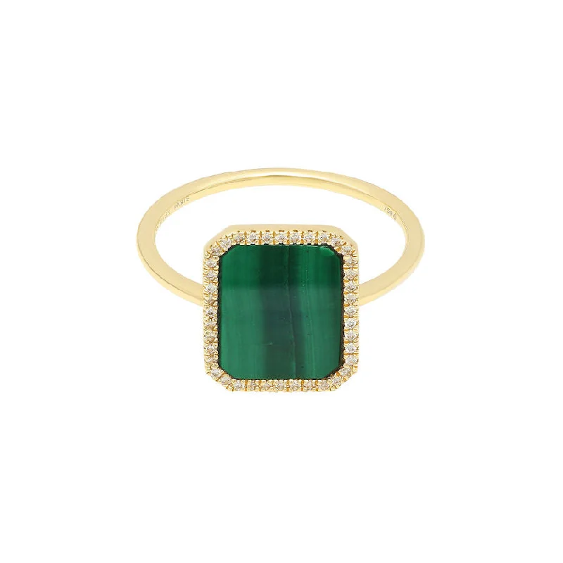 Bague Semi Precious 18K Gold Ring w. Malachite & Diamonds