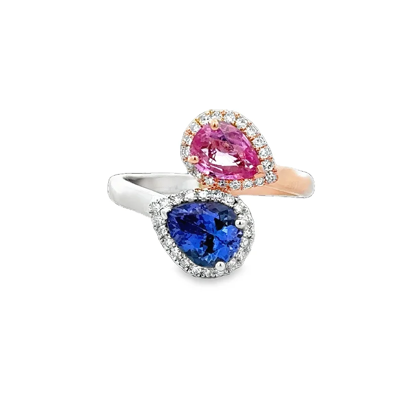 Big Discounts On Elegant Jewelry Collections Pink Sapphire and Tanzanite Bypass Ring in Rose Gold