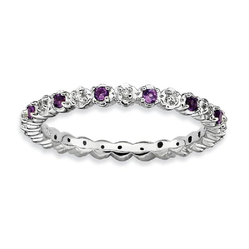 Rhodium Plate Sterling Silver Stackable Amethyst .04 Ctw Diamond Band