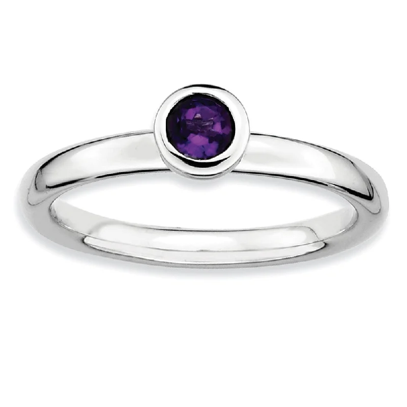 Rhodium Plated Sterling Silver Low Profile 4mm Amethyst Stack Ring