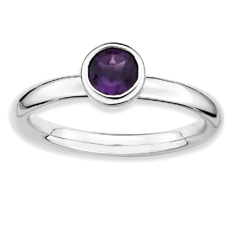 Rhodium Plated Sterling Silver Low Profile 5mm Amethyst Stack Ring