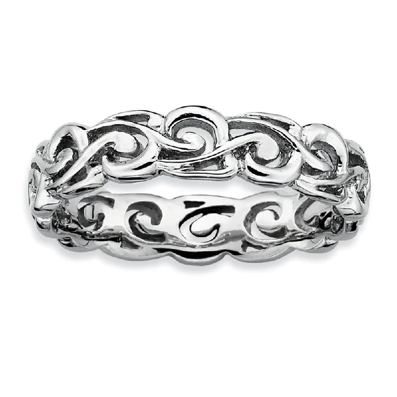 Rhodium Plated Sterling Silver Stackable Ornate 4.5mm Band