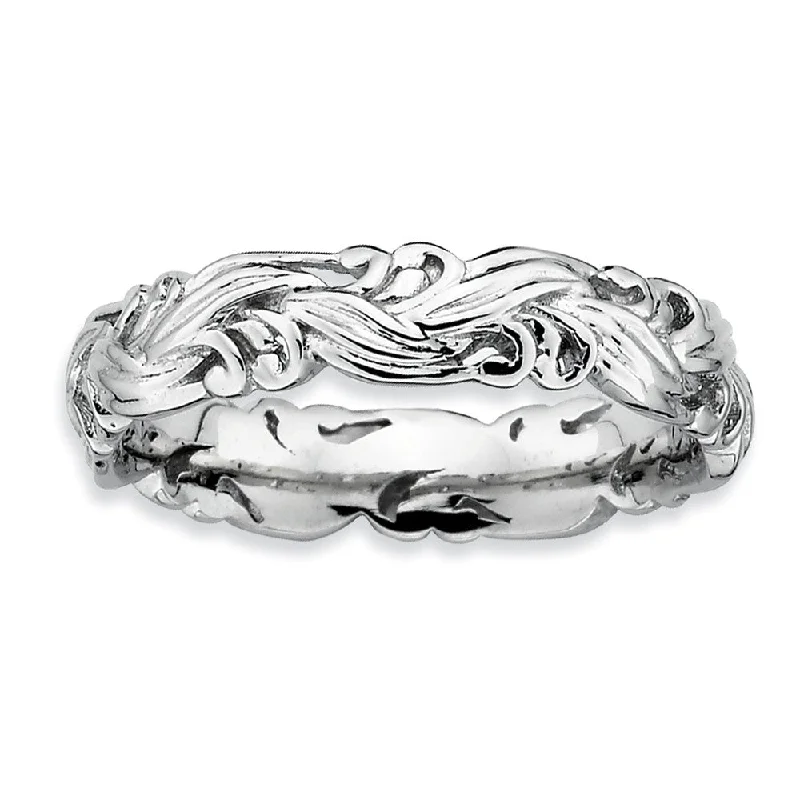 Rhodium Plated Sterling Silver Stackable Ornate Floral 4.5mm Band