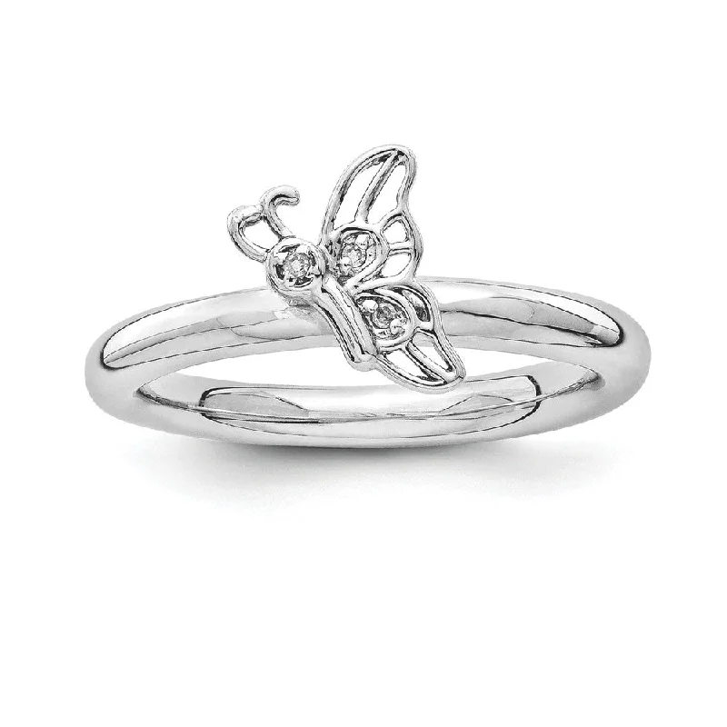 Rhodium Sterling Silver .015 Ctw Diamond 9mm Butterfly Stackable Ring