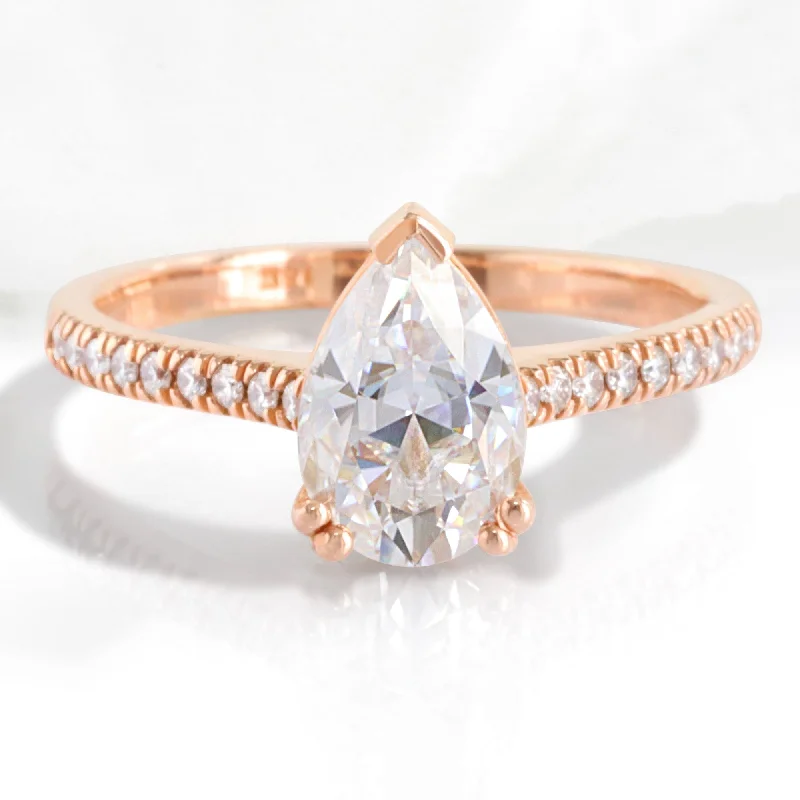 Jewelry Clearance Sale – Final Reductions Pear Moissanite Engagement Ring in Grace Solitaire Pave Diamond Band