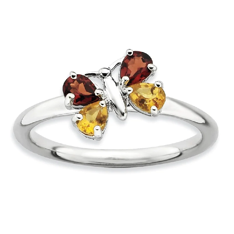 Stackable Pear Shape Garnet and Citrine Gemstone Butterfly Ring