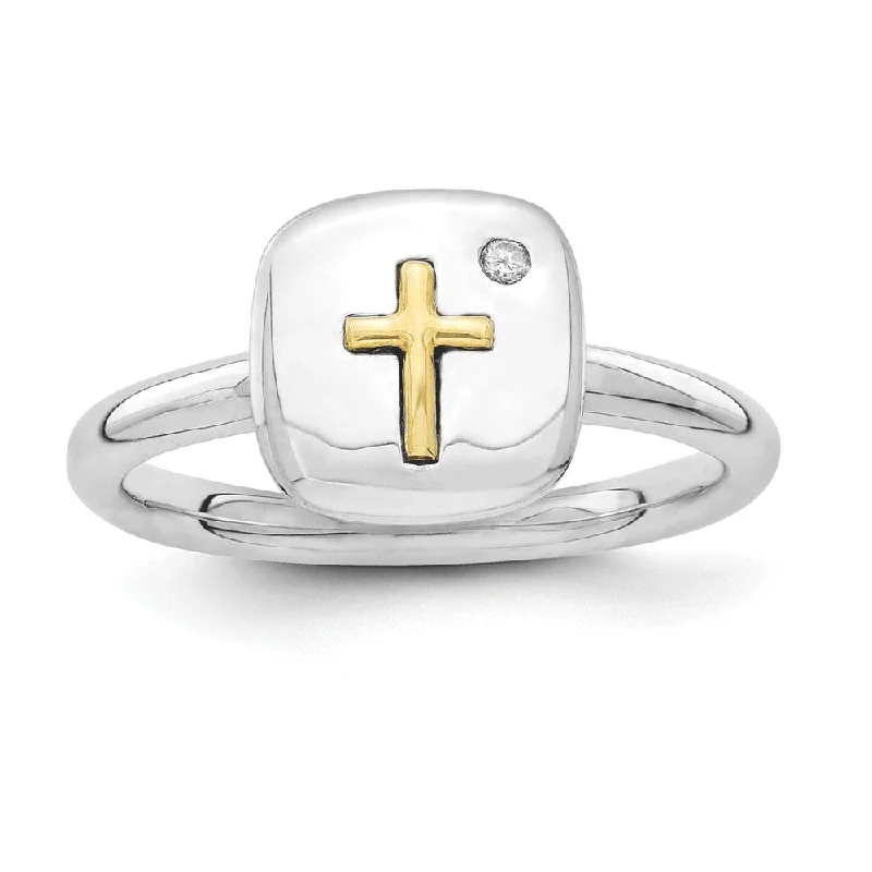 Sterling Silver & 14k Gold Cross Stackable .015ct I3 H-I Diamond Ring