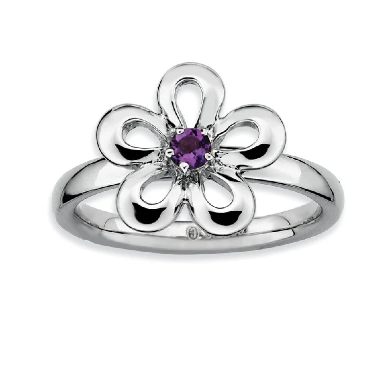 Sterling Silver & Amethyst Stackable 12mm Open Petal Flower Ring