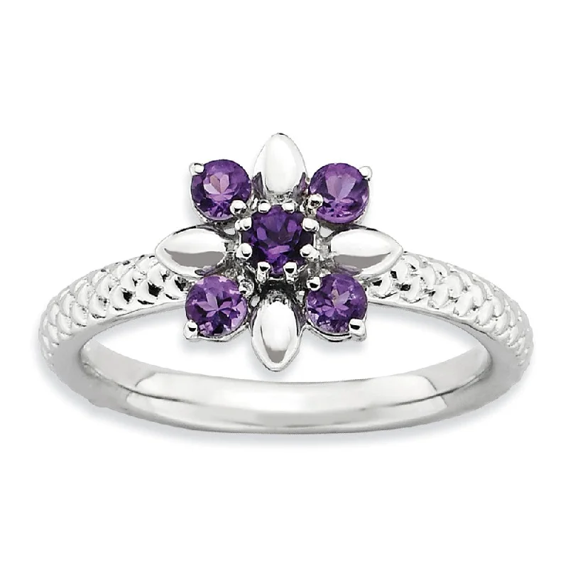 Sterling Silver & Amethyst Stackable 5 Round Stone Flower Ring