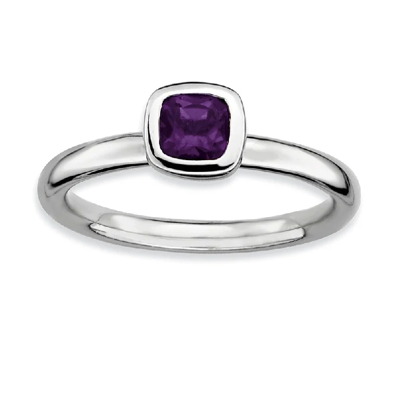 Sterling Silver & Amethyst Stackable 5mm Cushion Cut Solitaire Ring