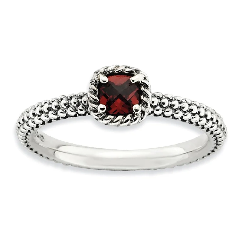 Sterling Silver & Garnet Solitaire Milgrain Band Stackable Ring