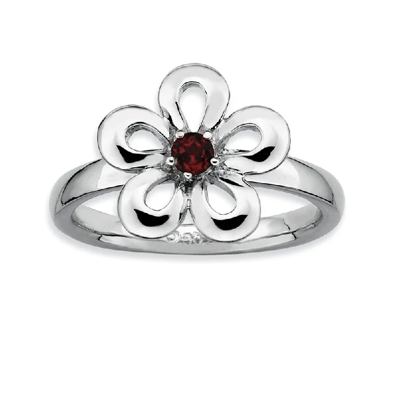 Sterling Silver Stackable Garnet Petal Flower Ring