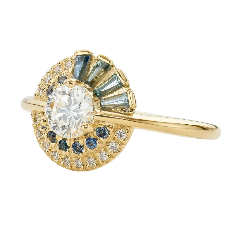 Exclusive Jewelry Markdowns – Limited-Time Offer Teal Sapphire Pagoda Engagement Ring with Brilliant Diamonds