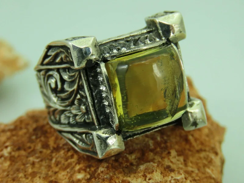 Turkish Handmade Jewelry 925 Sterling Silver Amber Stone Engraved Mens Rings