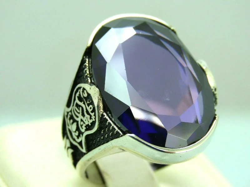 Turkish Handmade Jewelry 925 Sterling Silver Amethyst Stone Religious Mens Rings