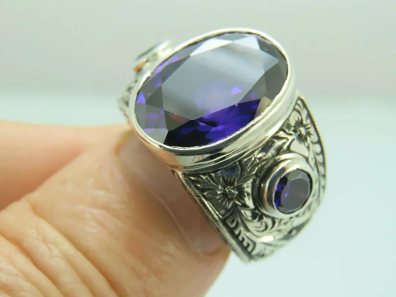 Turkish Handmade Jewelry 925 Sterling Silver Amethyst Stone Engraved Mens Rings