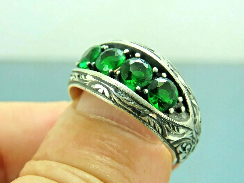 Turkish Handmade Jewelry 925 Sterling Silver Emerald Stone Mens Rings