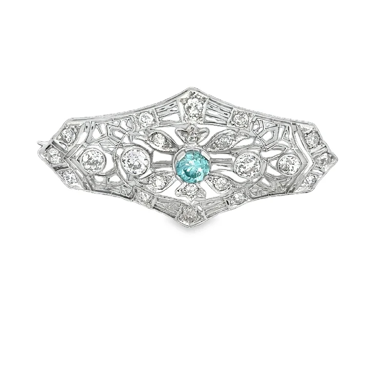 Vintage Art Deco Blue Zircon and Diamond Brooch in White Gold