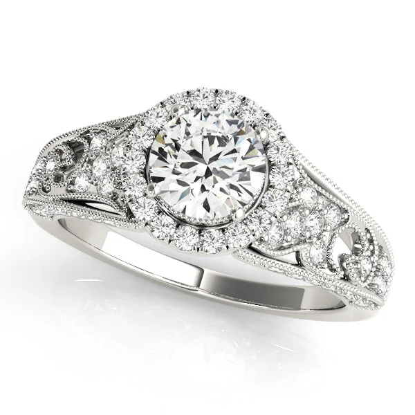 Shop High-Quality Jewelry At Jaw-Dropping Discounts Vintage Style Diamond Halo and Engraved Detail Engagement Mounting