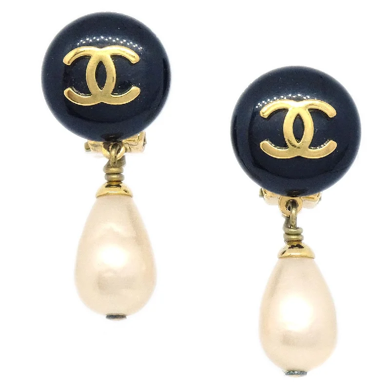 Chanel 1995 Black CC Button & Faux Teardrop Pearl Dangle Earrings