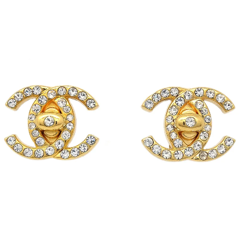 Chanel 1996 Crystal & Gold CC Turnlock Earrings Clip-On Small