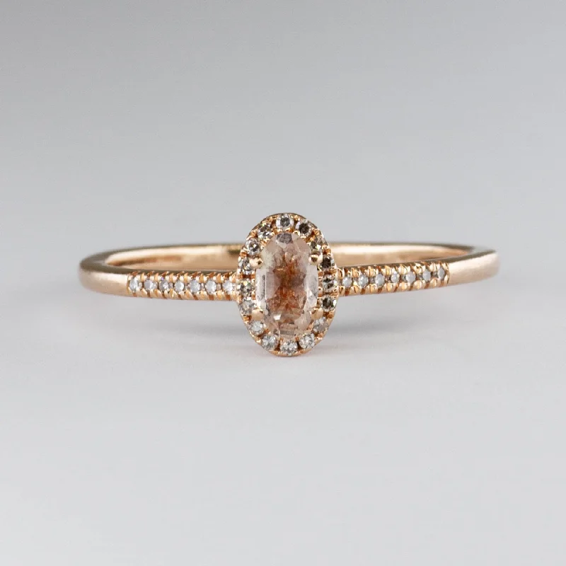 Delicate Crystal Jewelry For Sophisticated Charm Oval Morganite & Diamond Halo 10k Ring | 0.20 ct, 0.03 ctw | SZ 7.25 |