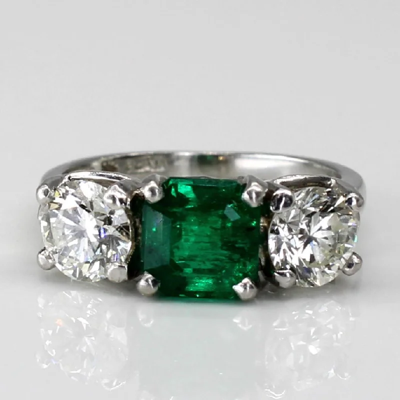 High-Quality Gemstone Jewelry For Special Occasions 'Birks' Three Stone Emerald & Diamond Platinum Ring | 1.25ct | 1.20ctw | SZ 4.5 |