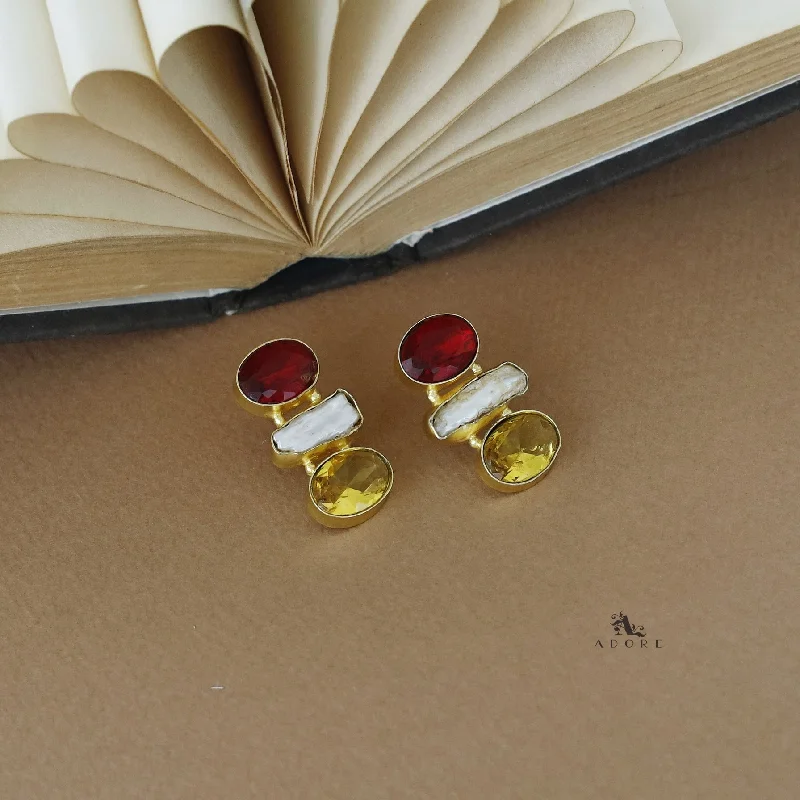 Final Call For Exquisite Jewelry At Reduced Rates Golden Dual Oval Glossy Stone + Baroque Earring