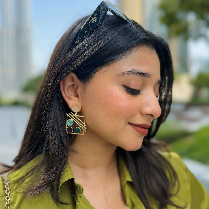 Last Chance To Grab Your Favorite Jewelry At A Discount Golden Square Triple Line Raw Stone Earring