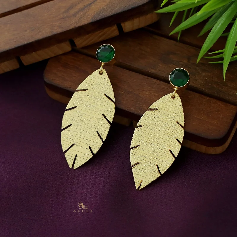 Golden Textured Leaf And Round Glossy Earring