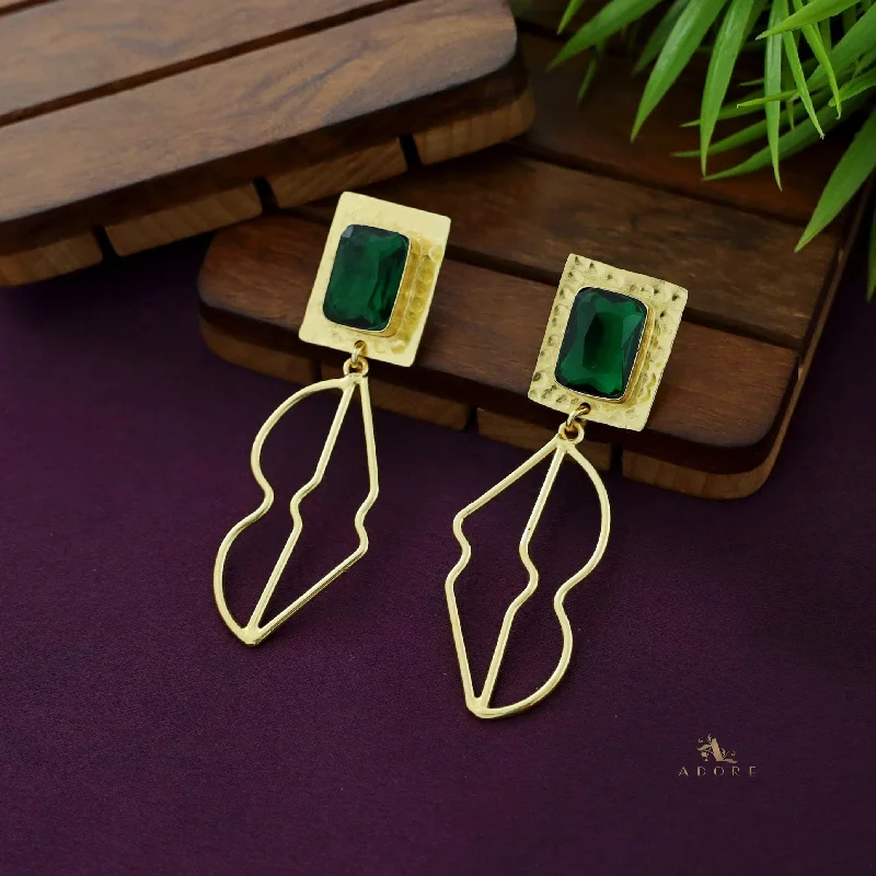 Golden Textured Rectangle Glossy Curvy Lines Earring