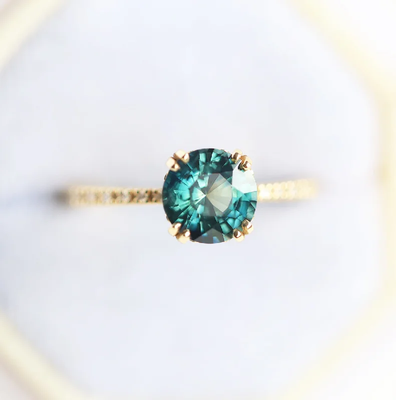 1.6Ct Round Teal Sapphire Engagement Ring, Sapphire Diamond Ring With Pave Diamond Band