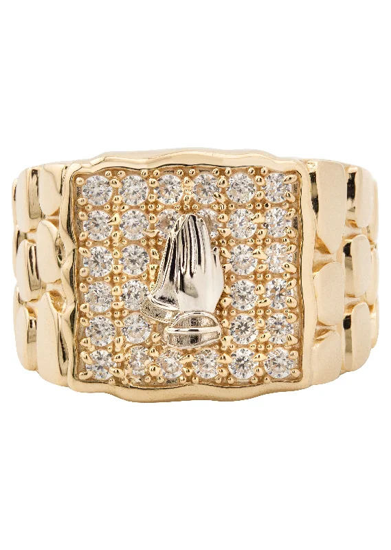 Seasonal Jewelry Deals – Elevate Your Style 10K Gold Cz Praying Hands Ring For Men | 5 Grams