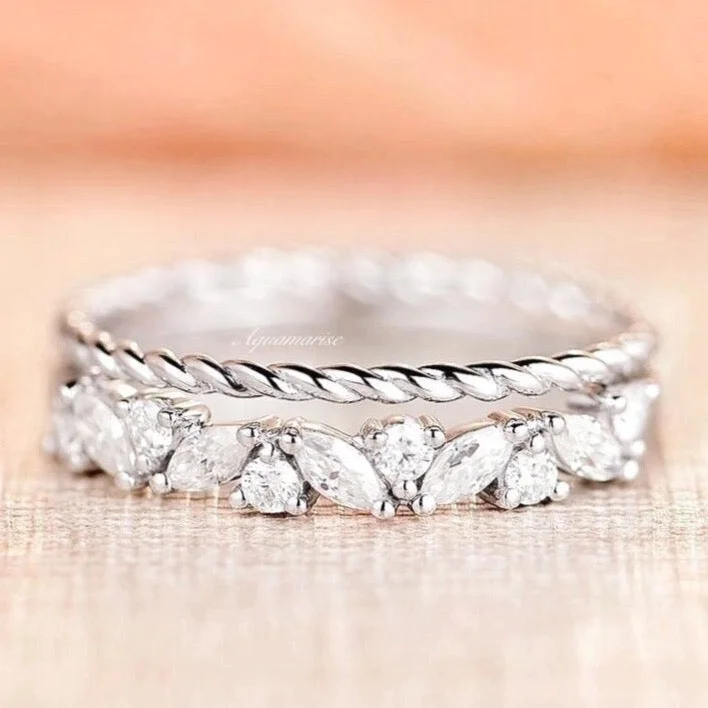 Willow Wedding Ring Set- 14K White Gold