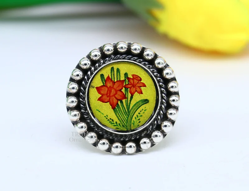 Premium Jewelry At Promotional Prices – Shine Today 925 sterling silver adjustable ring band fabulous flower design miniature art painting ring Stylish ethnic party jewelry RRing525