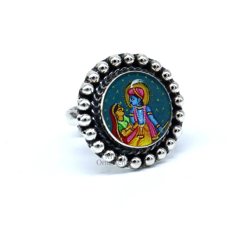 Beautiful Jewelry, Breathtaking Discounts – Hurry In 925 sterling silver adjustable ring band fabulous lord Krishna with Radha miniature art painting ring Stylish ethnic party jewelry RRing527